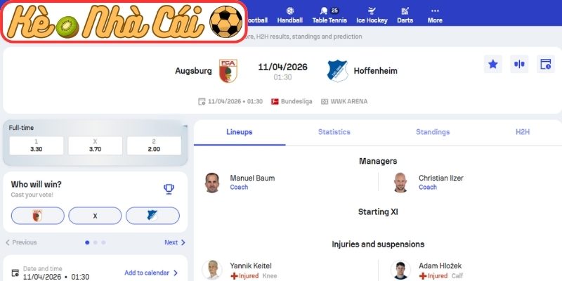 Soi kèo trận đấu Augsburg vs Hoffenheim (01:30 11-04, Bundesliga) 3 Kèo châu Á trận Augsburg vs Hoffenheim (01:30 11-04, Bundesliga)